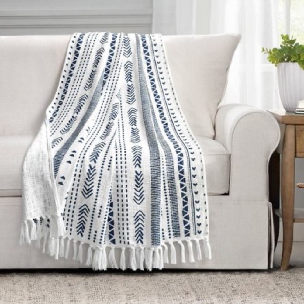 LUSH DECOR 50"x60" Hygge Striped Cotton Slub Tassel Fringe Throw Blanket, NWT